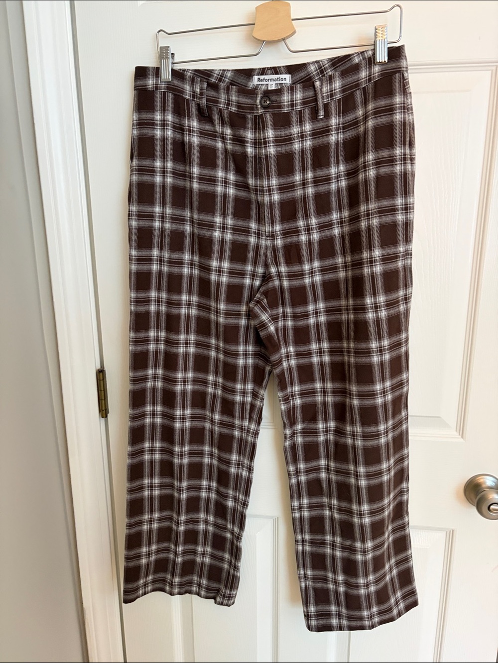 Reformation Brown and White Plaid Trousers